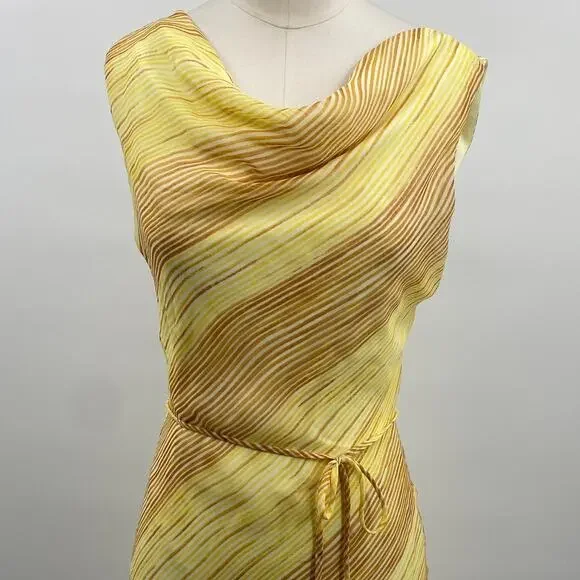 Vintage Y2k Bias Cut Cowl Neck Midi Dress Stripe Pattern Tie Waist Yellow Small - Picture 2 of 9